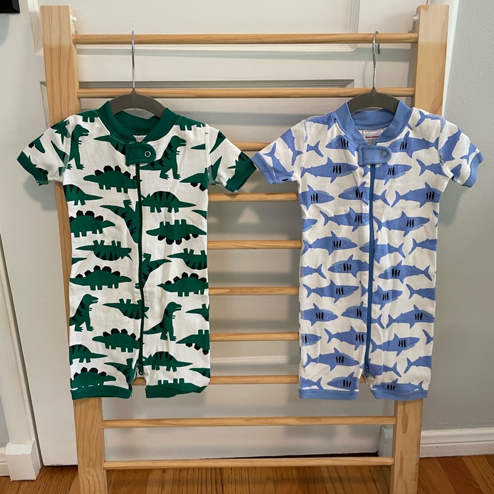 Hanna Andersson Green Dinosaur & Blue Shark Short Sleeve Pajama Rompers